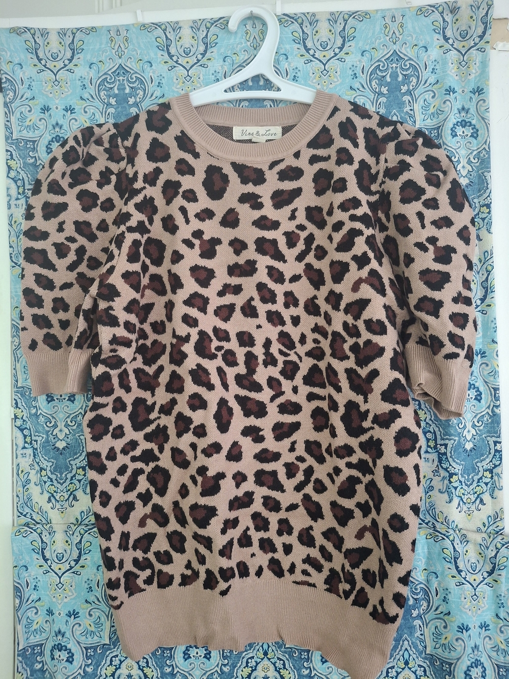 Vine & Love Beige and Black Leopard Print Crew Neck Sweater